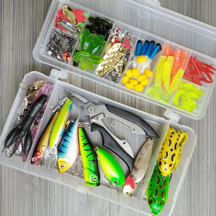 142-piece fishing lure suit set showing hard minnow lures, sequins, hooks, and metal fishing pliers on a blue background.