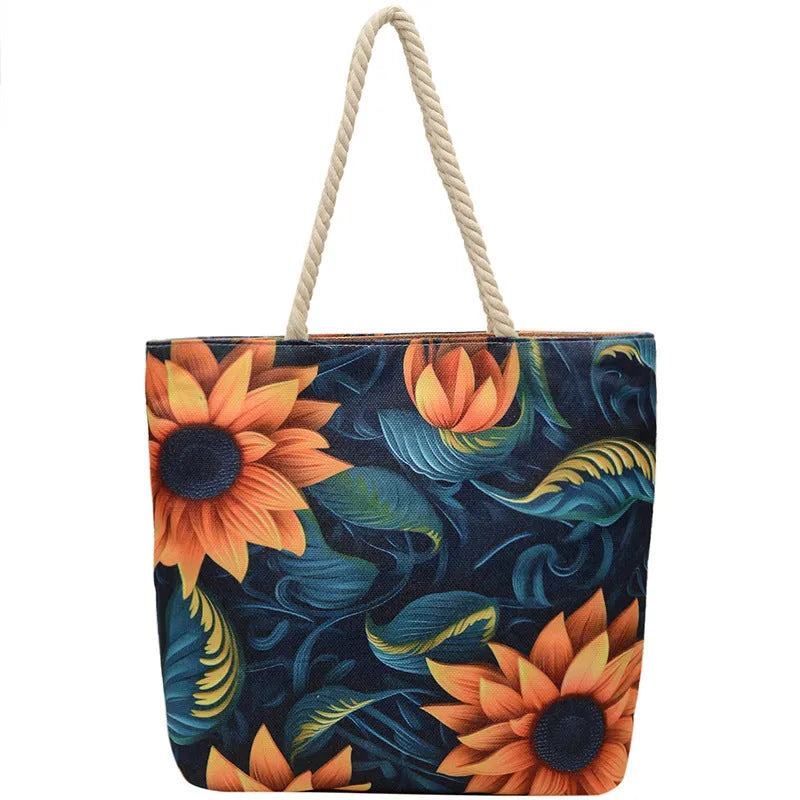 A soft cotton and linen string shoulder handbag with two straps and an open outer pocket.