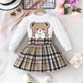 Beige children's cartoon bear print top and plaid skirt two-piece suit for girls