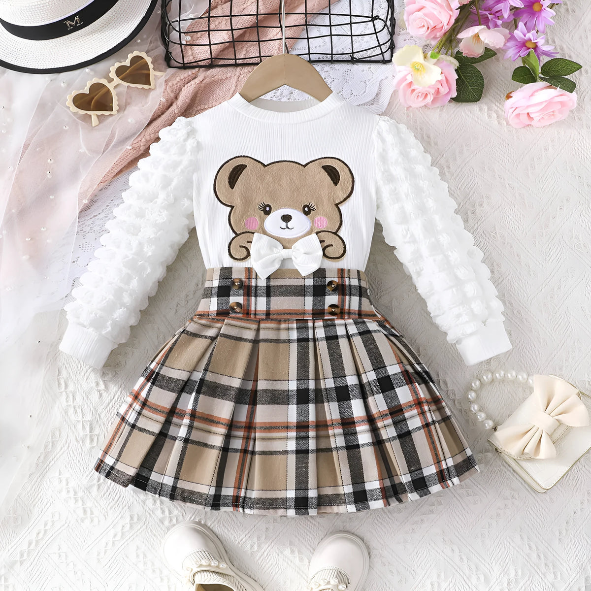 Beige children's cartoon bear print top and plaid skirt two-piece suit for girls