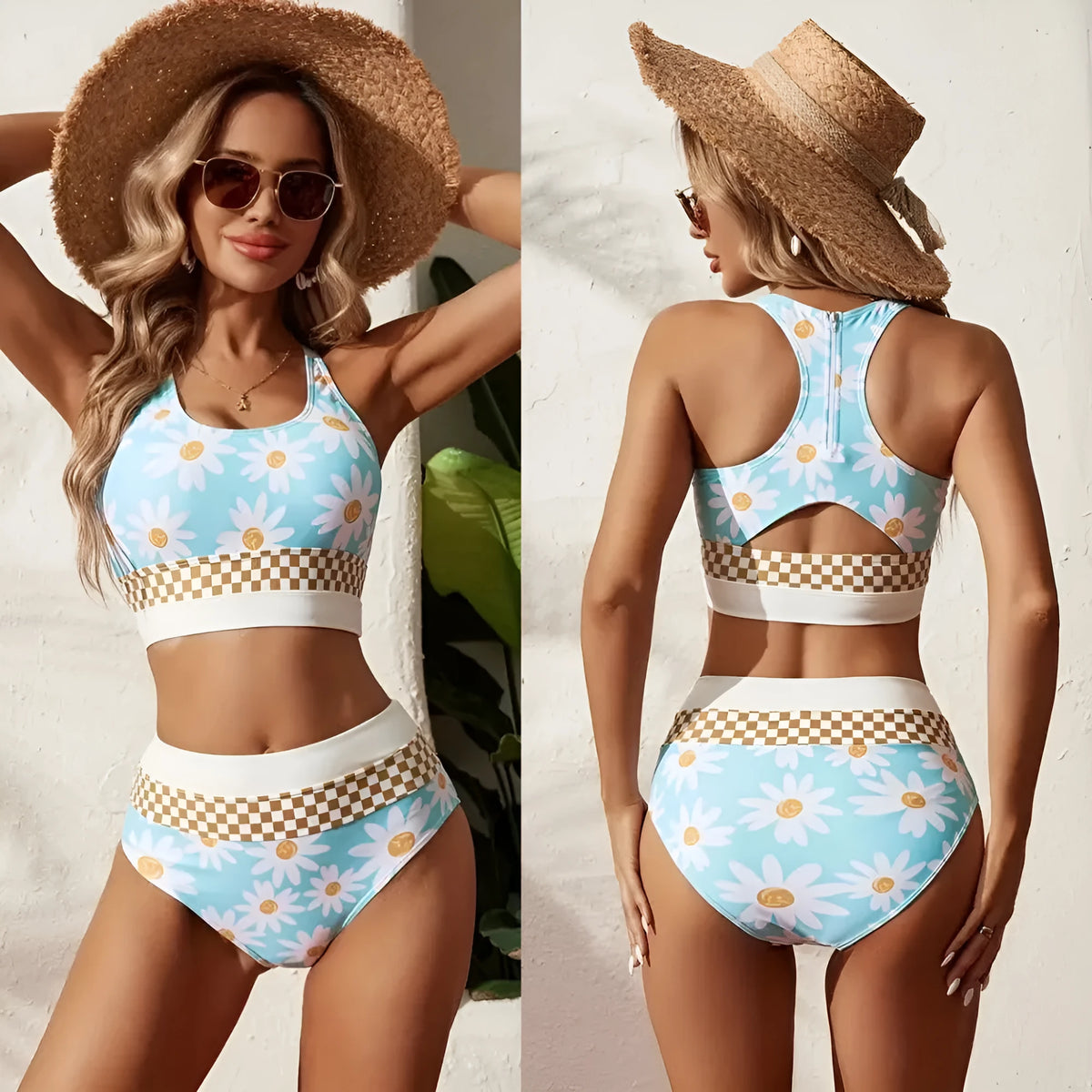 Plus size split swimsuit zip-front bikini set in blue, floral, green, orange, or lake blue, sizes S to XXXL