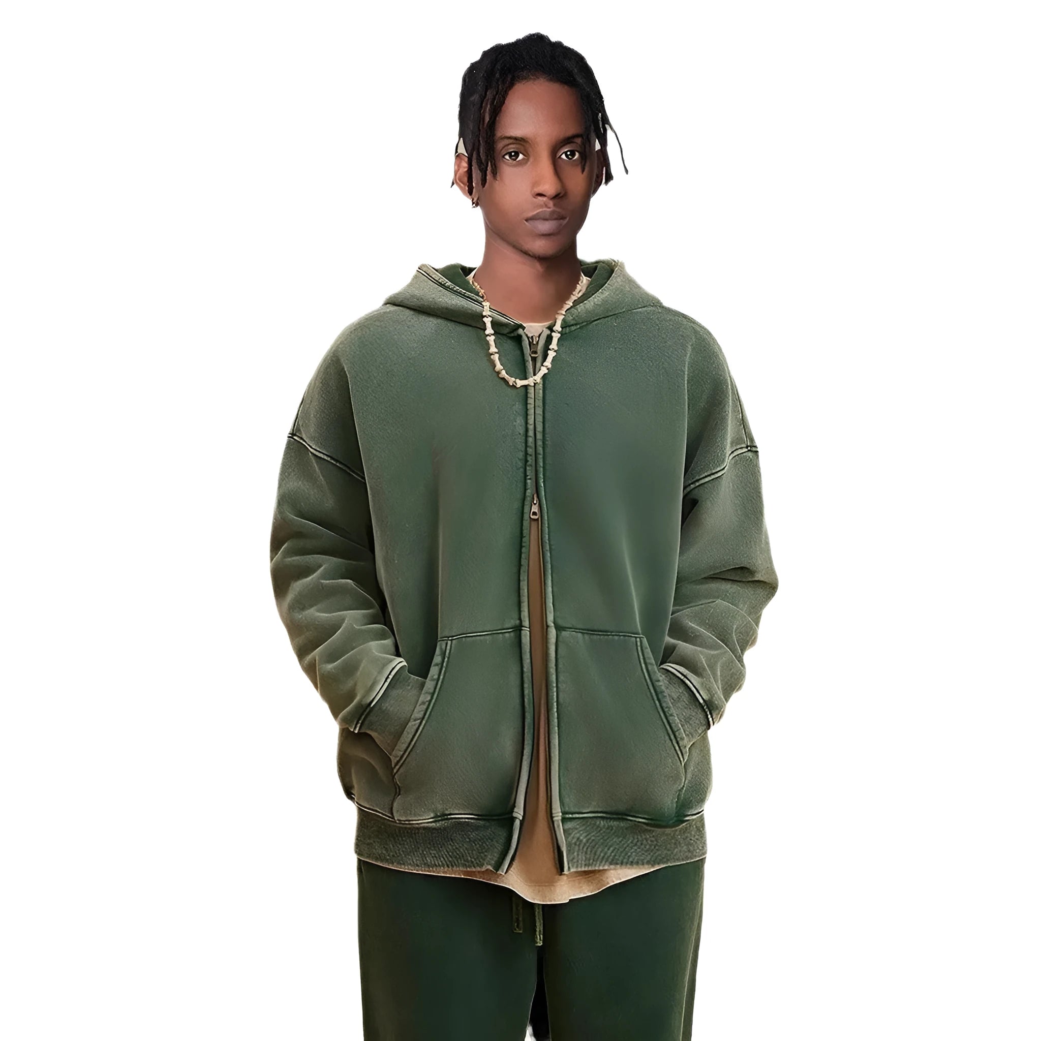 Man wearing a washed black cotton fleece-lined hooded cardigan with a double zipper front.