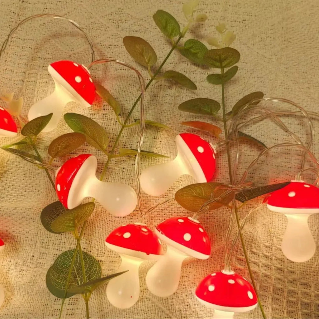 LED mushroom lighting chain with 10 warm glow lights on a tabletop indoor holiday decoration