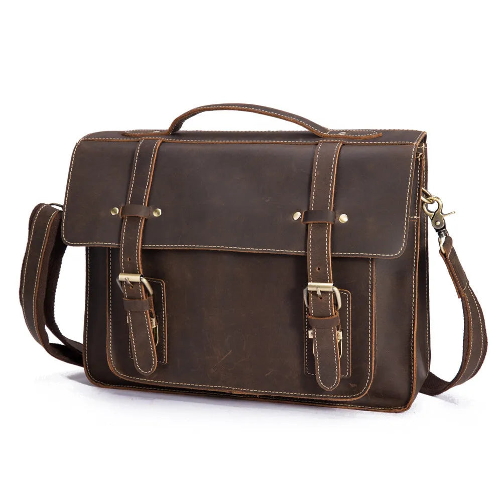 Men's handbag in dark brown coffee first layer crazy horseskin leather, shown as a shoulder bag on a model.