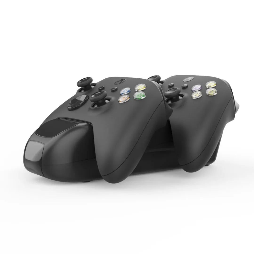 Black wireless dual charging dock for Xbox Series X/S controllers with LED lights.