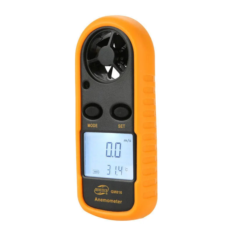 Orange digital portable wind speed measuring instrument showing display and compact handheld design