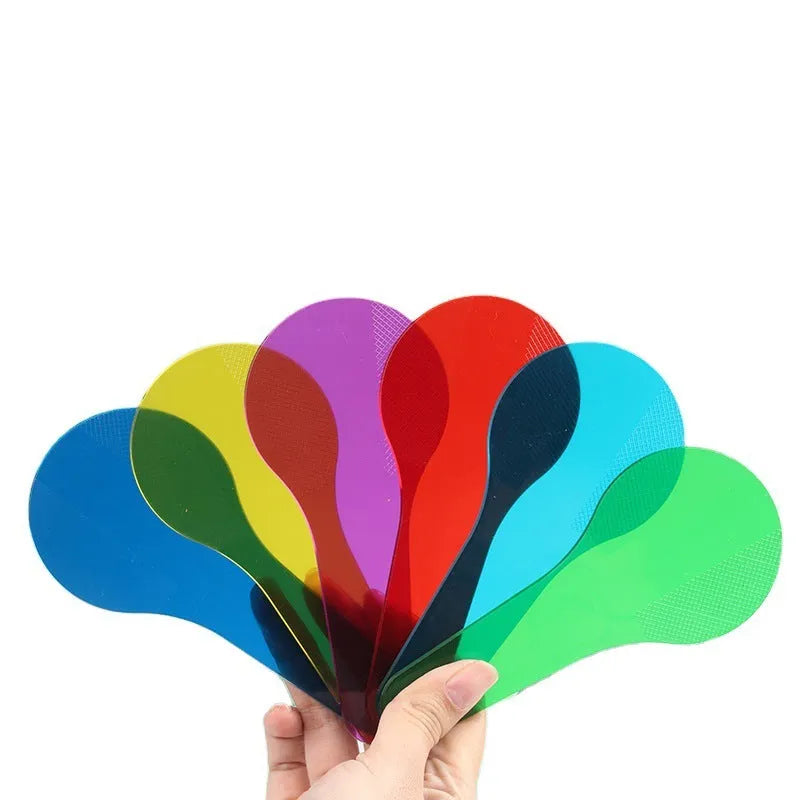 Six PVC colour learning boards in red, yellow, blue, green, orange, and purple