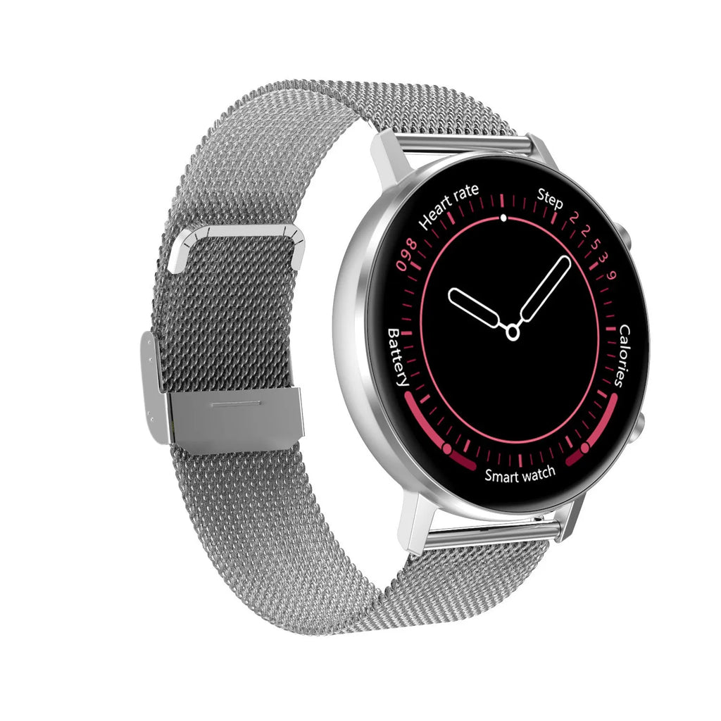 DT96 smart bracelet with colour screen on a stainless steel metal strap in silver finish