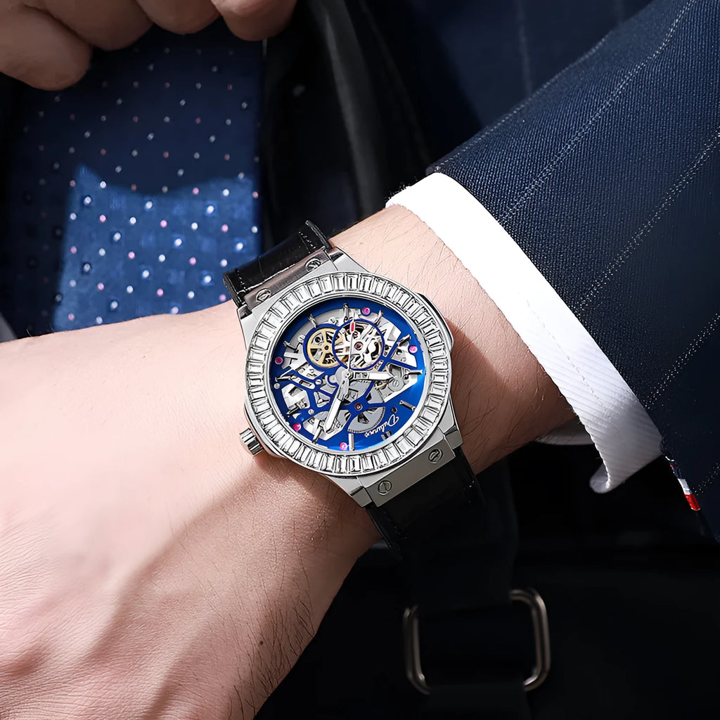 Automatic mechanical men's watch with hollow dial, diamond studs, and a white shell case.