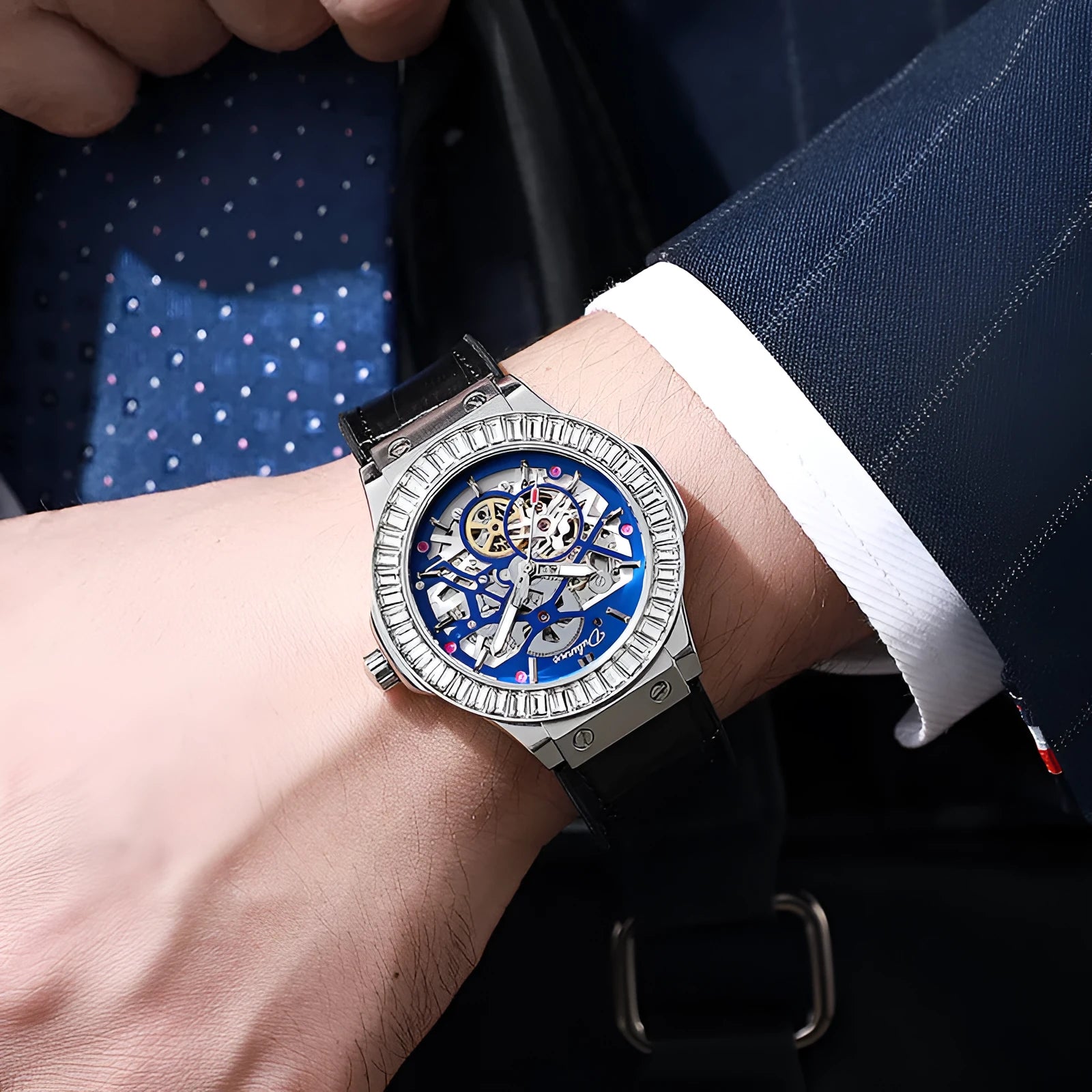 Automatic mechanical men's watch with hollow dial, diamond studs, and a white shell case.
