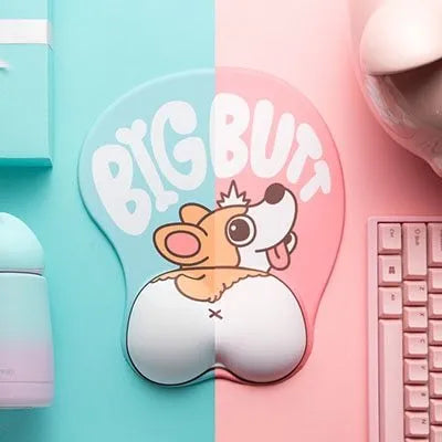 Blue corgi bottom 3D mouse pad with raised wrist cushion on a desk