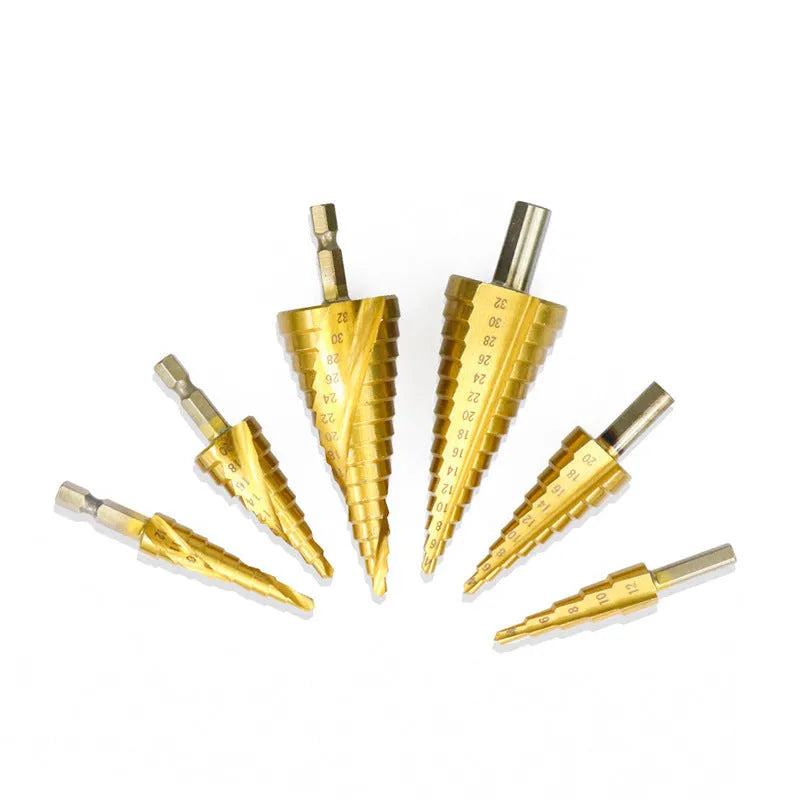 HSS step drill bit and centre punch set for metalworking with three graduated bits