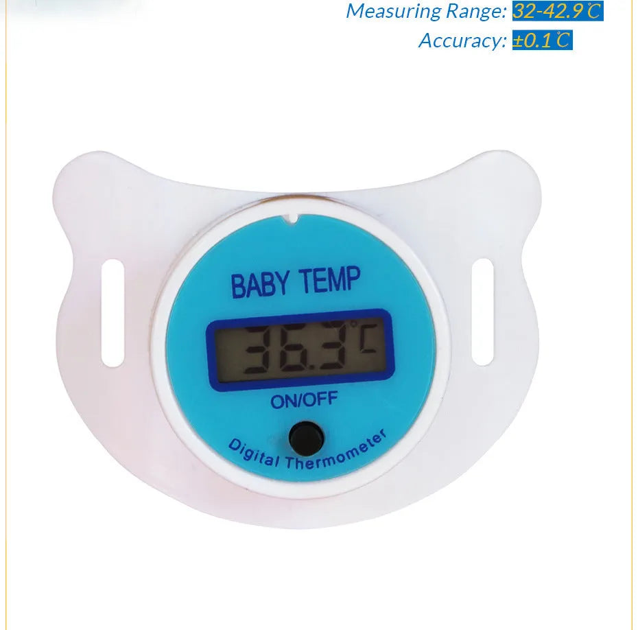 Blue and pink baby pacifier digital thermometer with LCD display for infant temperature monitoring