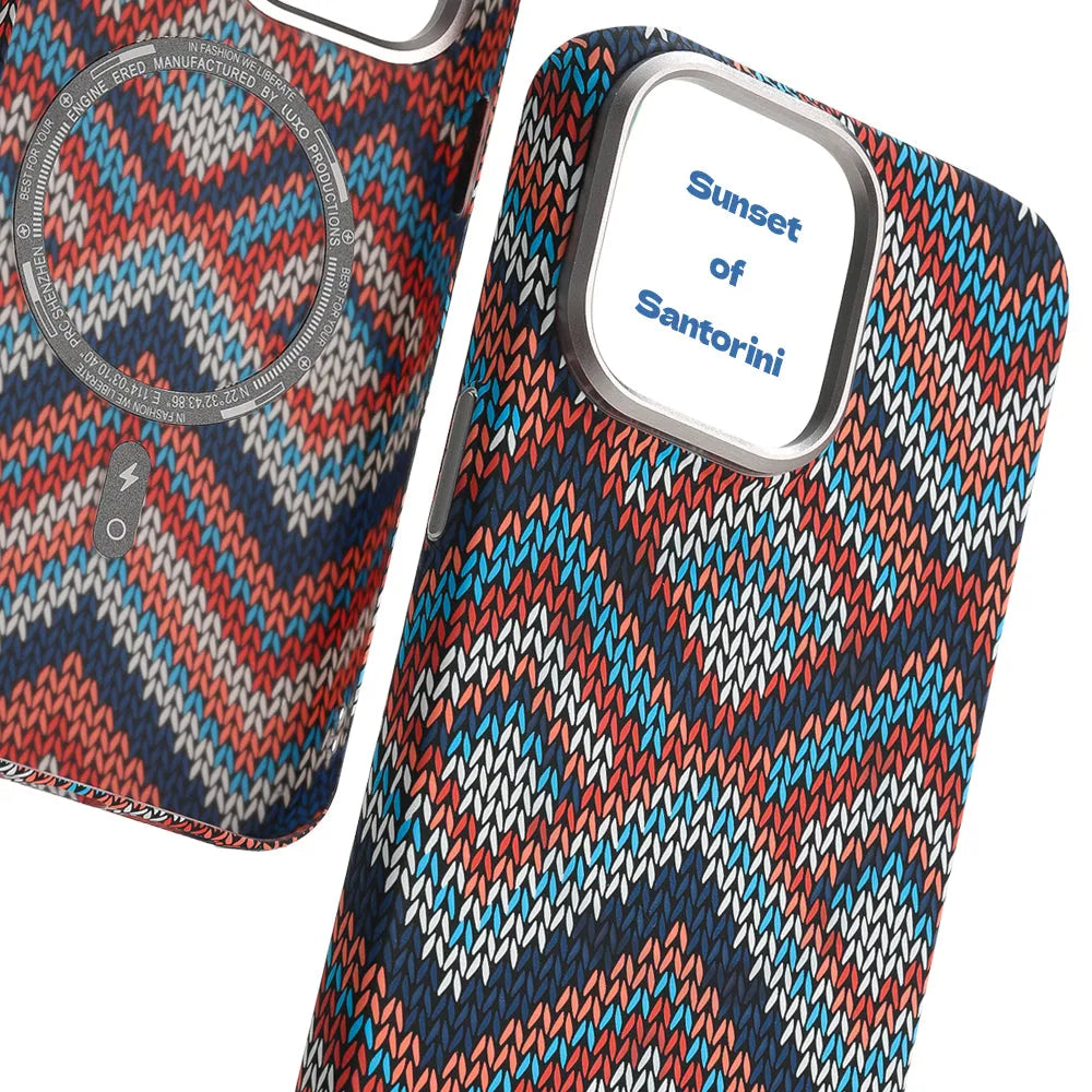 Kevlar pattern magnetic suction phone case for iPhone in Santorini Blue showing skin-like texture and protective shell design