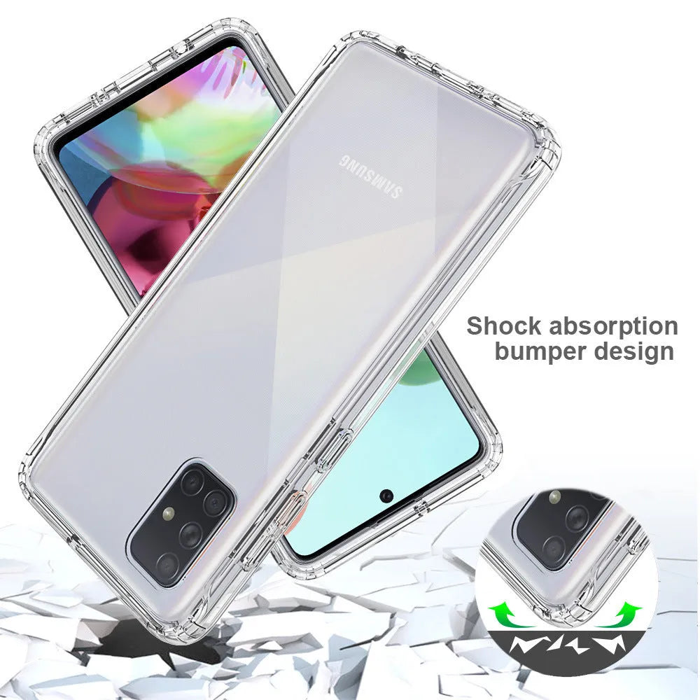 Transparent Samsung phone case showing clear back cover with bumper edges on compatible Galaxy device