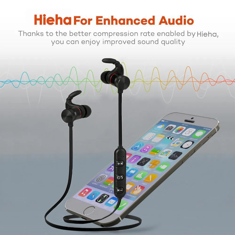 Magnetic Bluetooth CVC noise cancelling earbuds compatible with Apple devices, black plastic in-ear headset