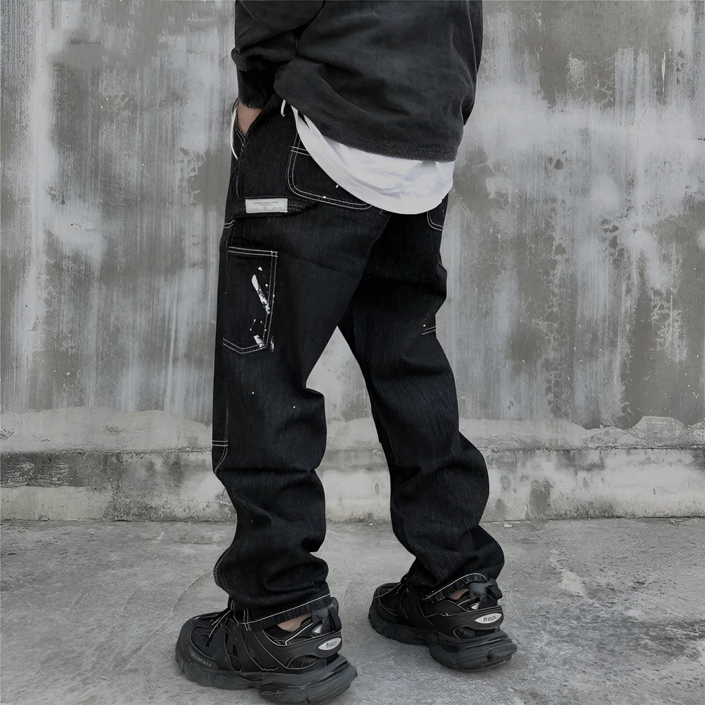 Men's washed distressed straight loose fit mid-waist jeans in black and blue available in sizes M to XXL
