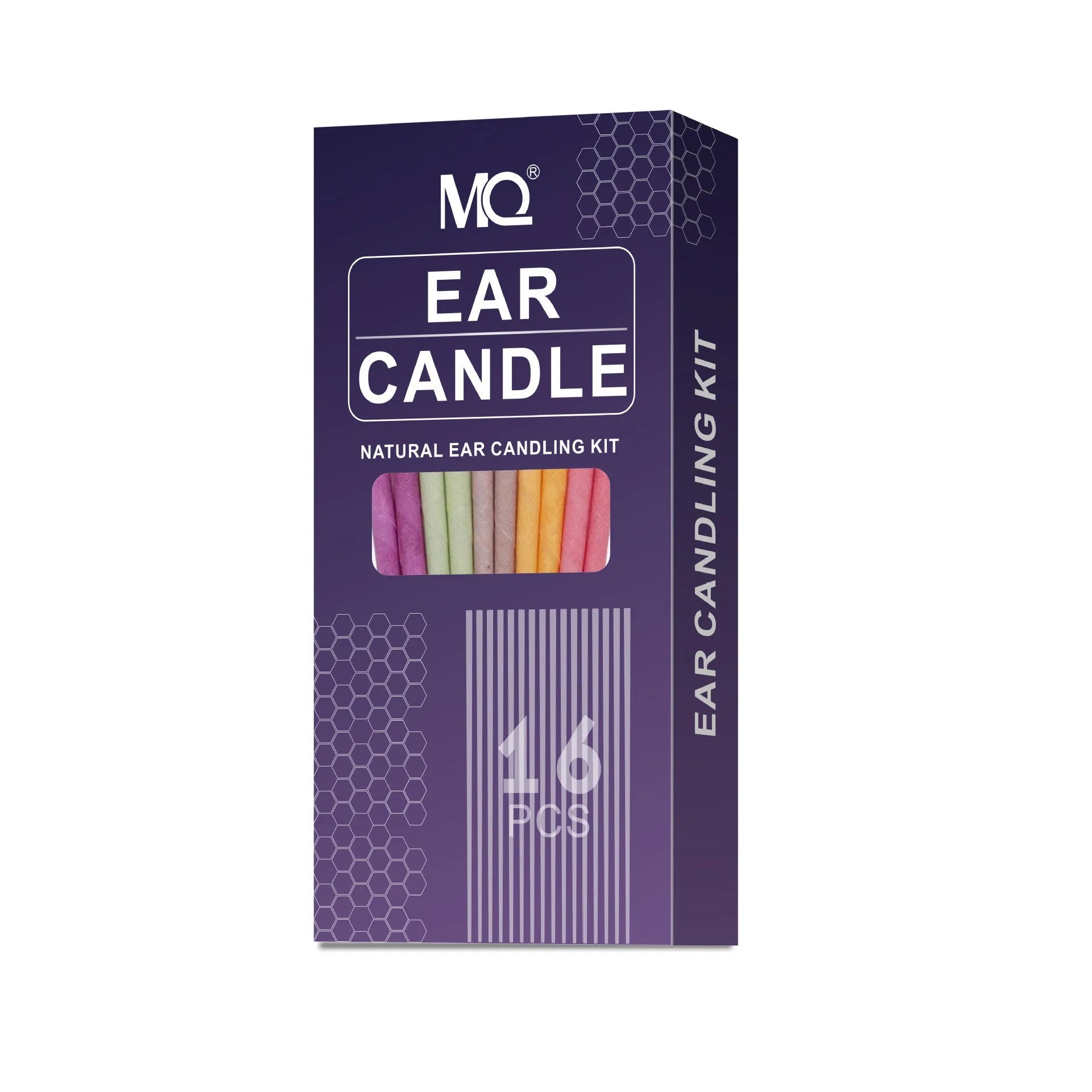 Ear candle suit box containing 16 cotton cloth candles, 8 protection boards, and 16 swabs in one of eight colours.