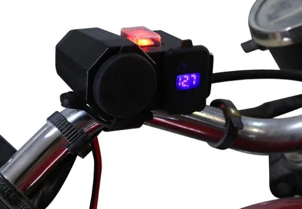 Black motorcycle USB waterproof charger with voltmeter and dual ports for handlebar or rearview mirror mounting
