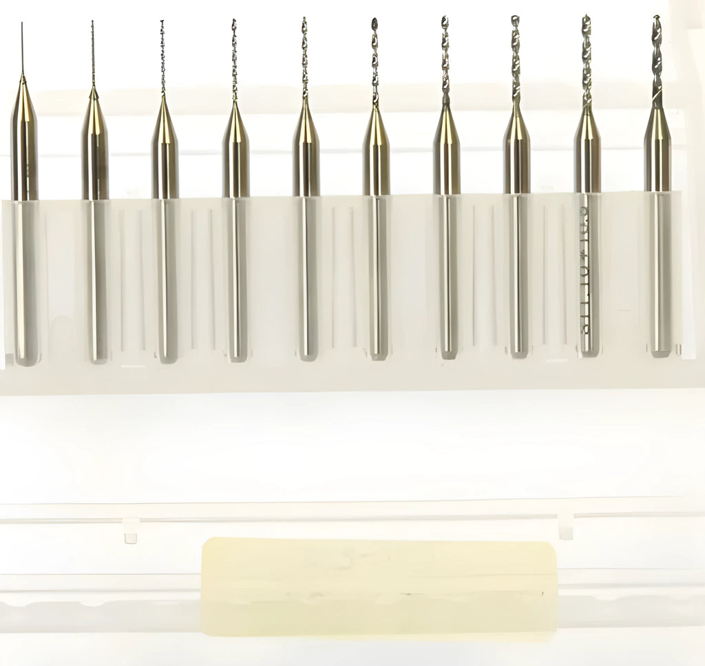 Close-up of imported tungsten carbide micro engraving bits for industrial electronics and precision machining.