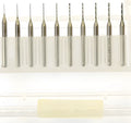 Close-up of imported tungsten carbide micro engraving bits for industrial electronics and precision machining.