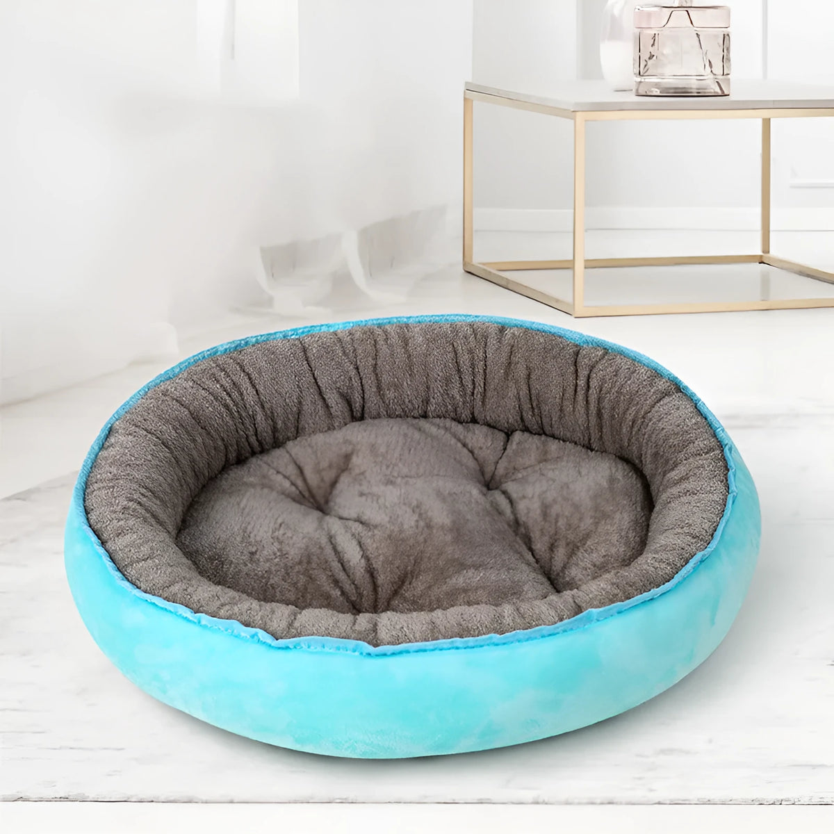 Dog mattress in blue, size L 56x50cm, for dogs and cats, with soft fabric surface and rounded edges for indoor use.