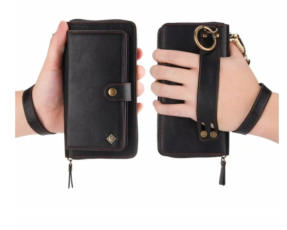 Imitation leather wallet phone case for Samsung Galaxy Note8 in black colour showing card slots and zipper