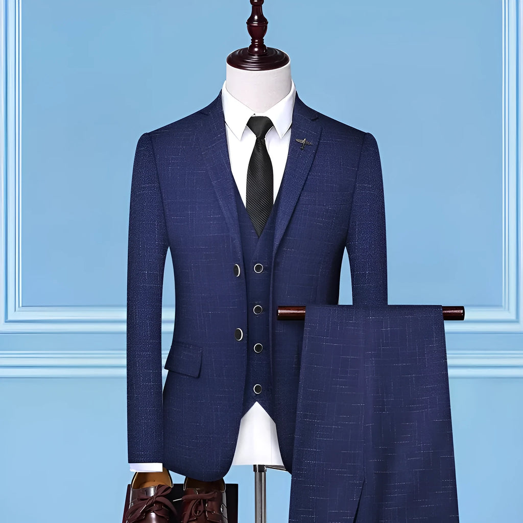 Men's three-piece suit set in Dark Grey or Navy Blue, acetate fabric, sizes M to 4XL