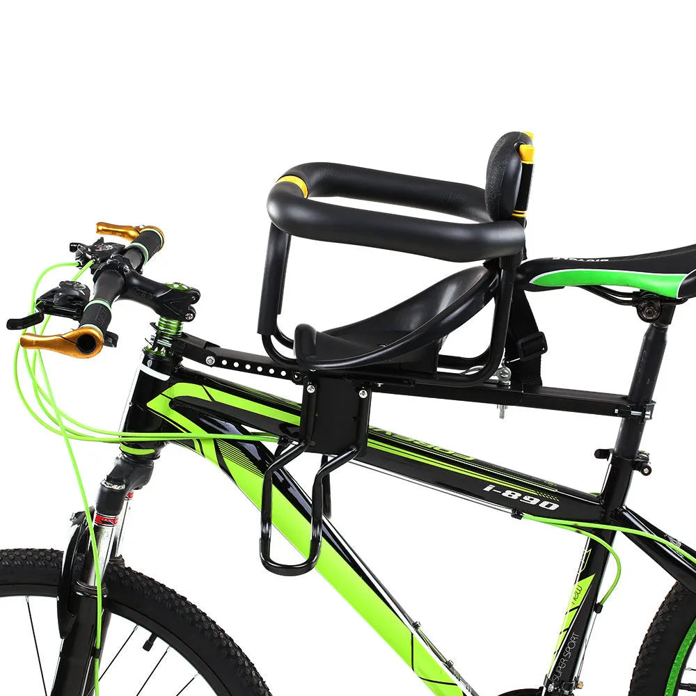 Front mounted steel bicycle child seat for mountain sports bikes in black and white colour options