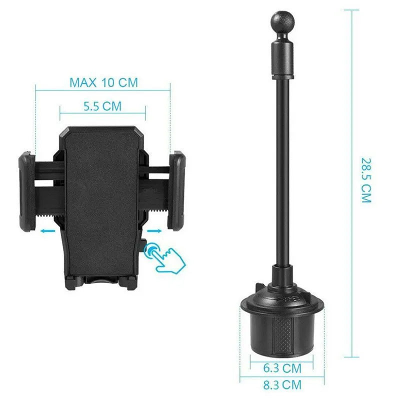 Black universal car phone mount holder with adjustable side grips, shown mounted on a car air vent.