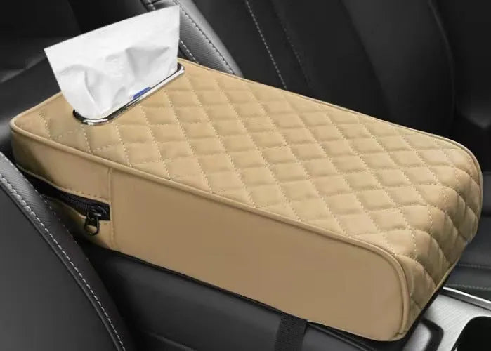 Universal car armrest box cushion in leather with built-in tissue buggy bag