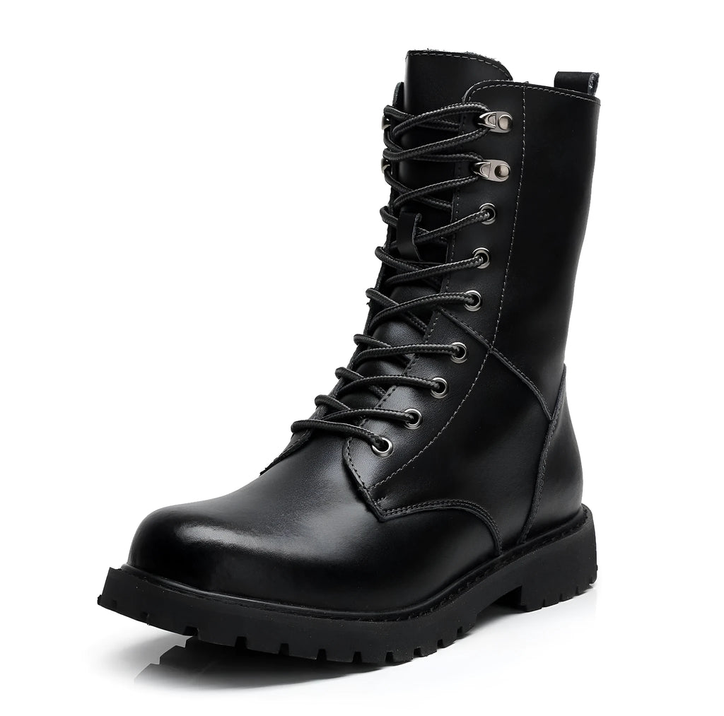 Men's leather military high top boots with fleece lining, black, side view showing front tie closure and square heel
