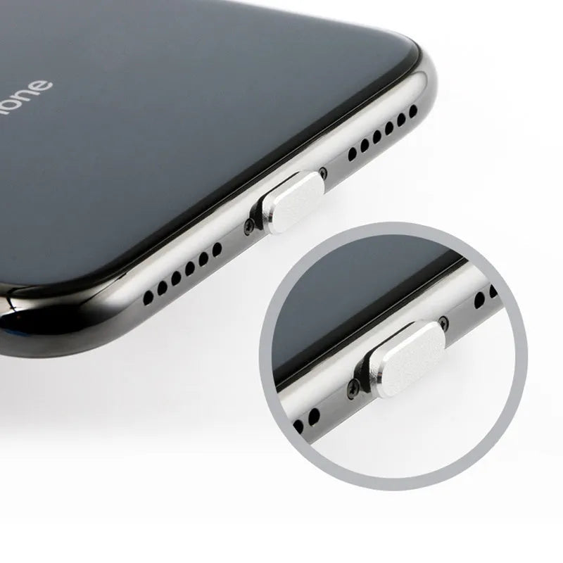 Aluminium alloy dust plug for iPhone charging port in various colours.