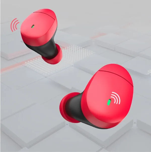 Flame red Qualcomm TWS 3040 Bluetooth earbuds with charging cable