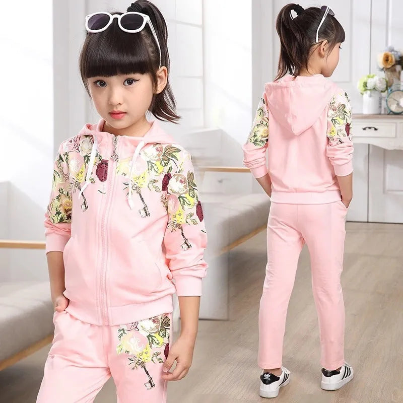 Children's pink hooded tracksuit set with long sleeves and matching trousers for age 8 plus.