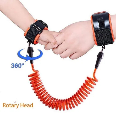 Child safety wristband anti-lost strap with 2.5m special PU spring rope, 360 degree rotary head and breathable sponge lining.