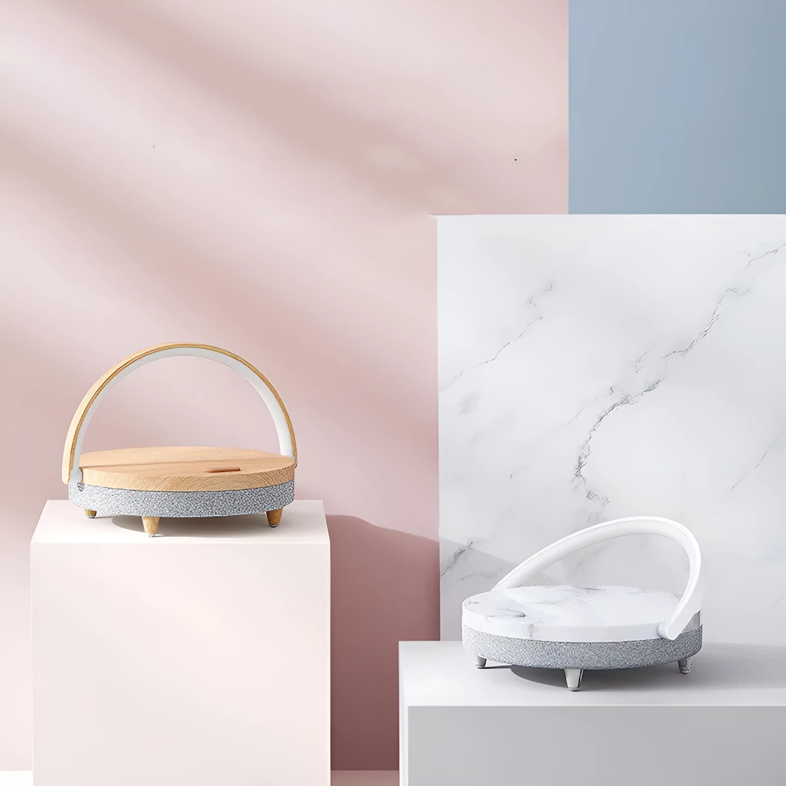Wireless charging pad with integrated LED night light and Bluetooth speaker in marble pattern finish