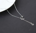 Simple moon star clavicle necklace in alloy with diamond treatment, shown in golden and silver colour options.