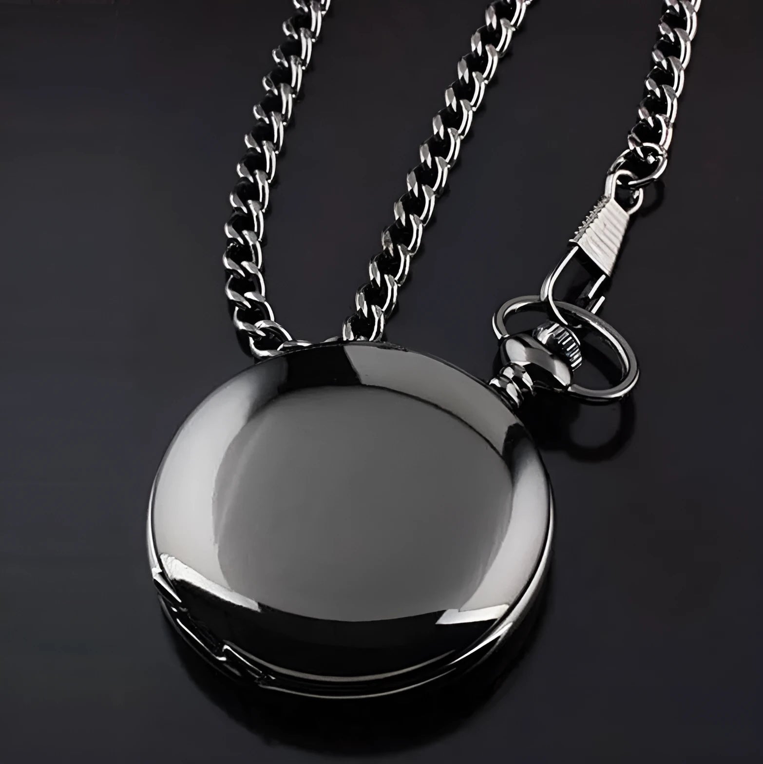Retro black silver steampunk quartz pocket watch with stainless steel chain 30 cm on black background