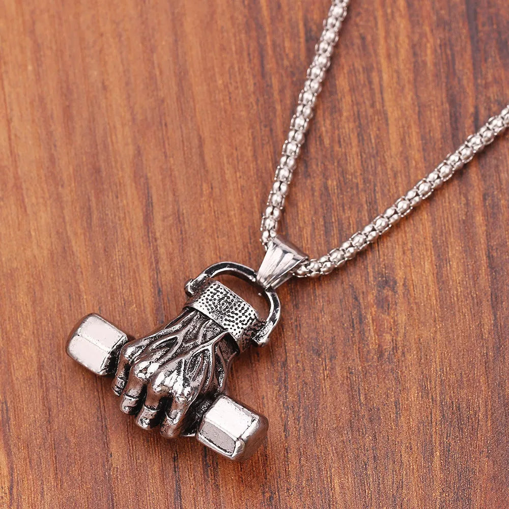 Silver gym dumbbell pendant on snake bone chain necklace unisex alloy electroplated finish