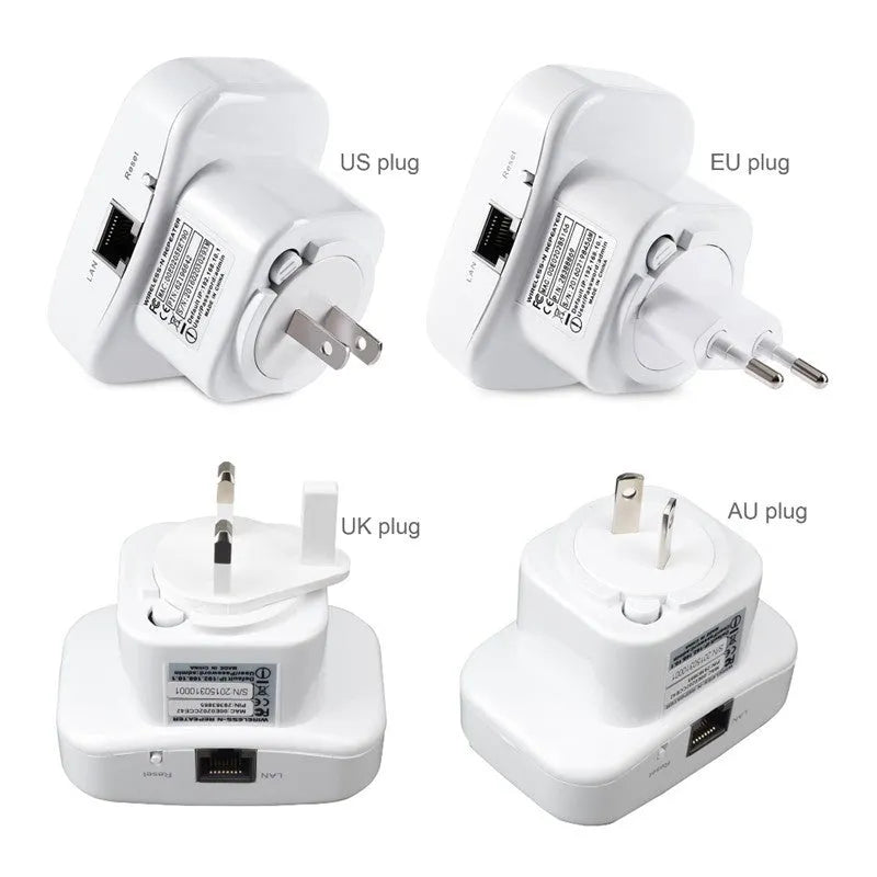 WiFi repeater 300Mbps 2.4GHz with two antennas and Ethernet port, UK plug, white and black