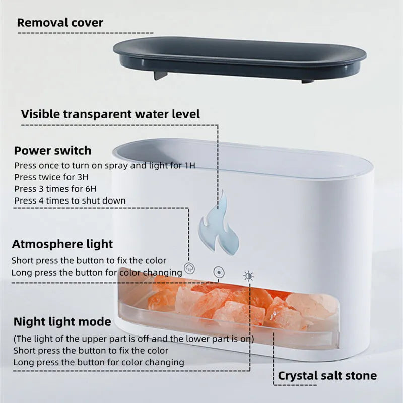 Square white flame effect humidifier with crystal salt stone and USB connection on wooden desk