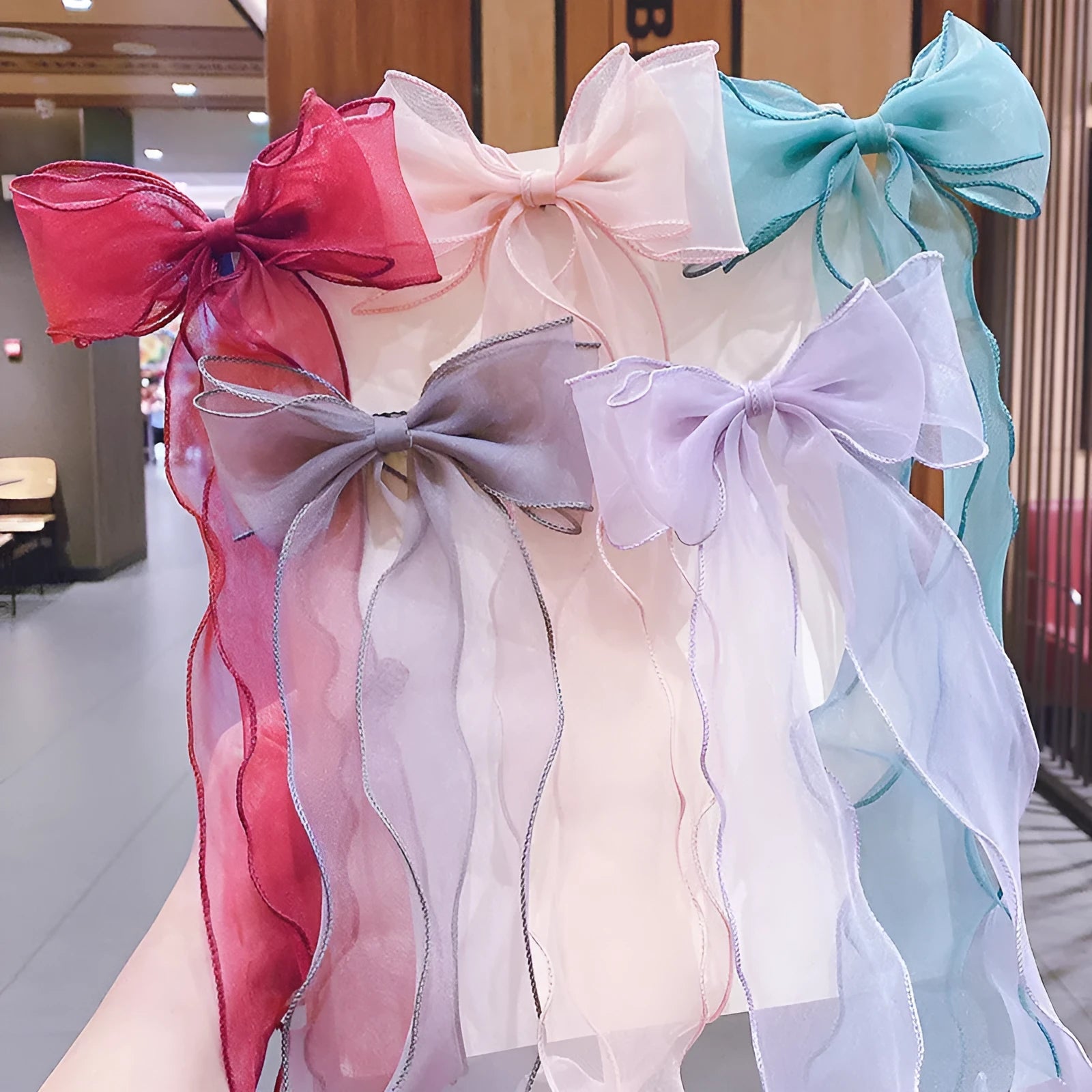 Children's bow hairpin with lace bow and antique streamer, duckbill clip, Korean style, available in multiple colours