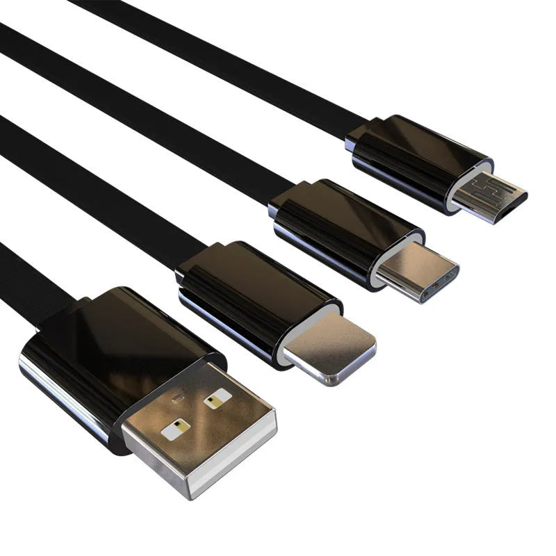 Three-in-one data cable 1m noodles style with one for three split connectors in black or white