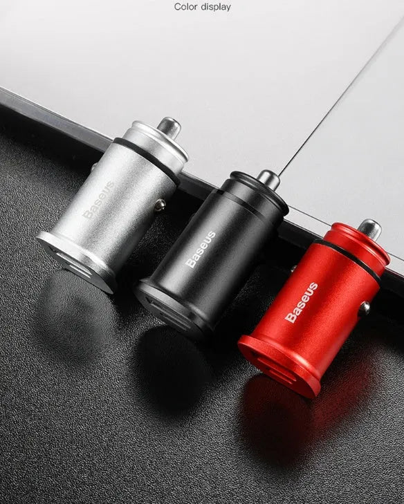 USB smart car charger fast charging 4.8A aluminium alloy black silver red 48x25mm