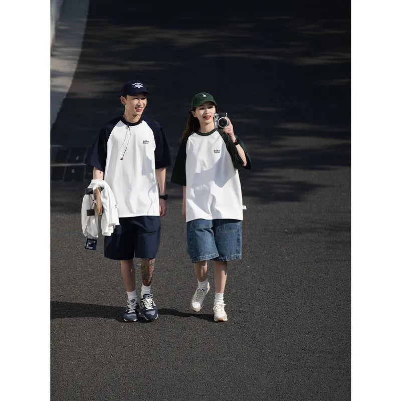 Casual blue raglan sleeve t-shirt with loose pullover style for men