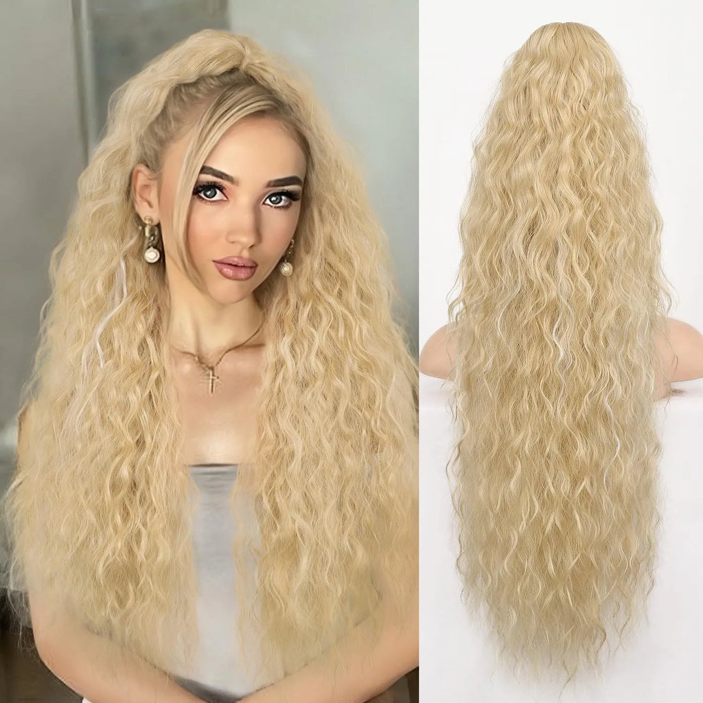 Long, fluffy curly synthetic ponytail wig in a high temperature fibre, shown in a 30-inch length.