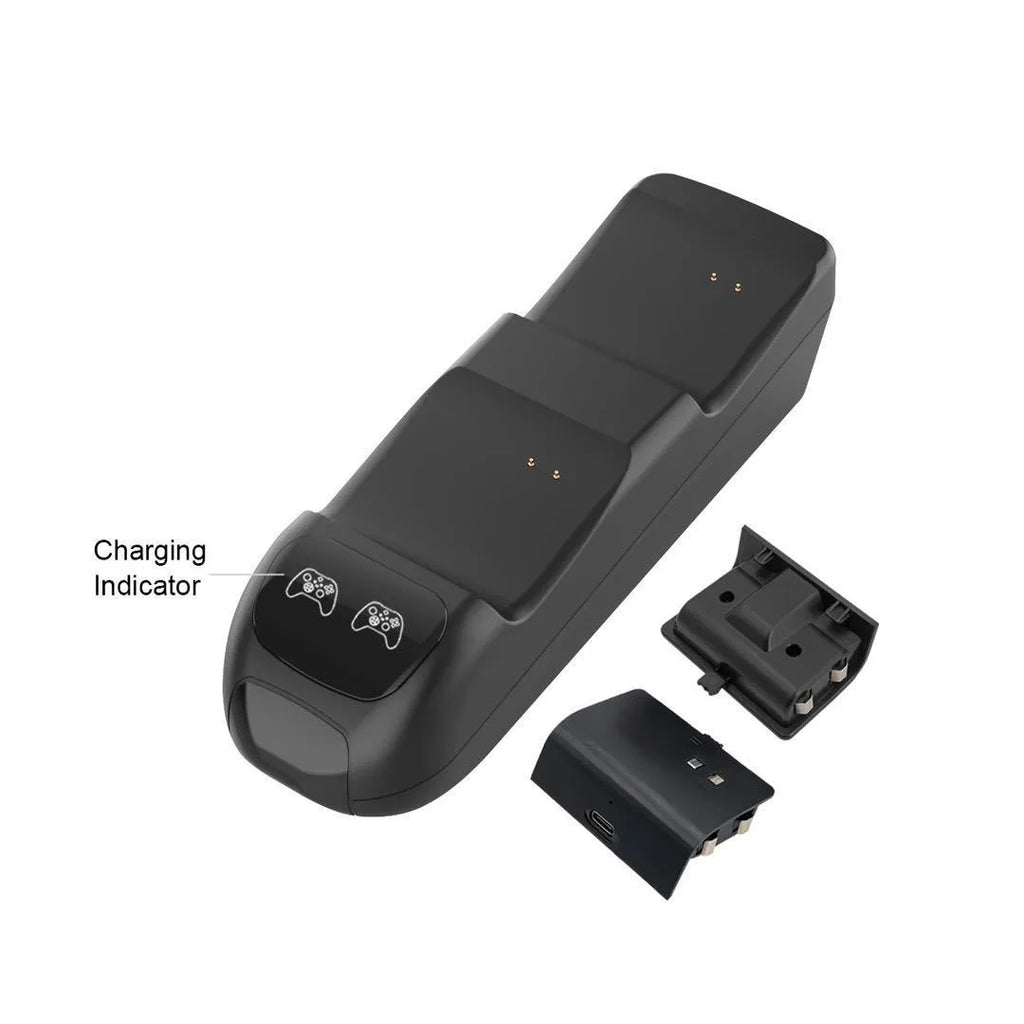 Black wireless dual charging dock for Xbox Series X/S controllers with LED lights.