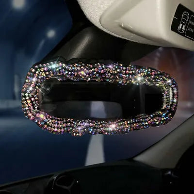 Four piece car interior accessory set with rhinestone crystals, including steering wheel, gear shift, handbrake and seat belt covers