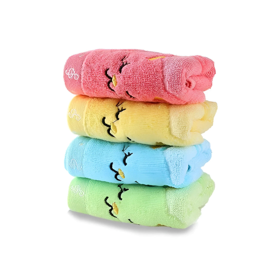 Set of four bamboo fiber kitten face bath towels in blue, green, pink, and yellow, each 25x50cm